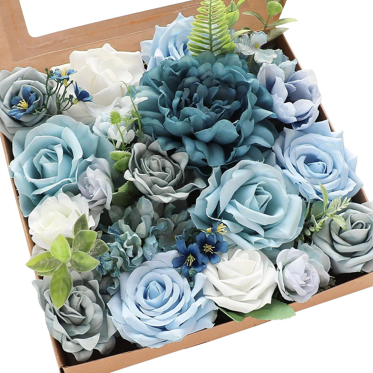 Floroom Dusty Blue Artificial Flowers Powder Blue Fake Roses Peony and Greenery Combo Box Set for