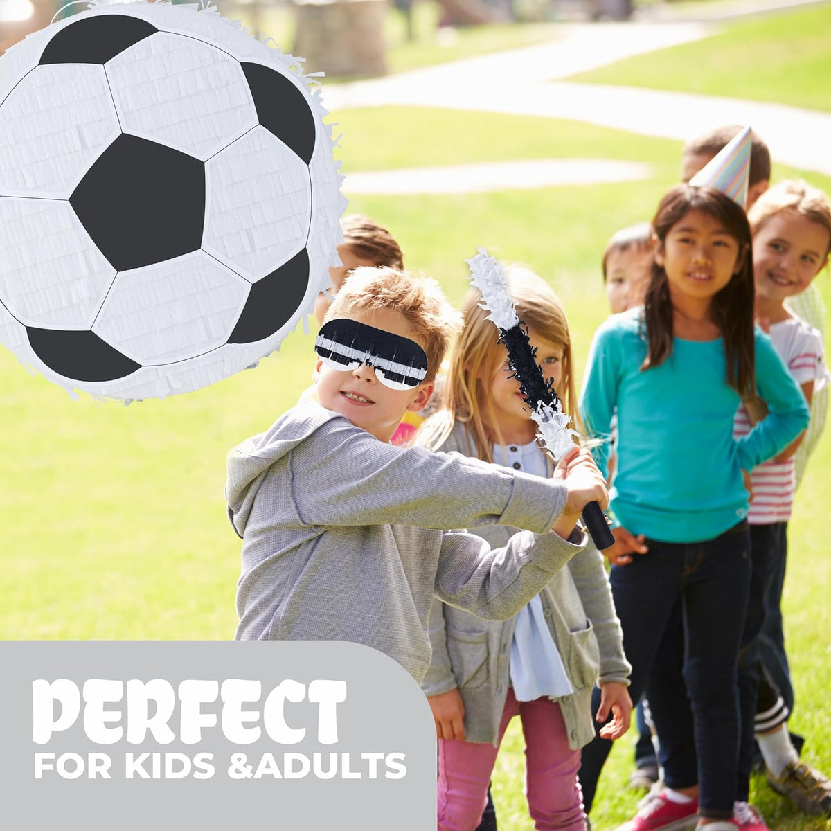 New Soccer Pinata Bundle with a Blindfold and Bat (13"x13"x4"), Soccer Ball Pinata for Birthday
