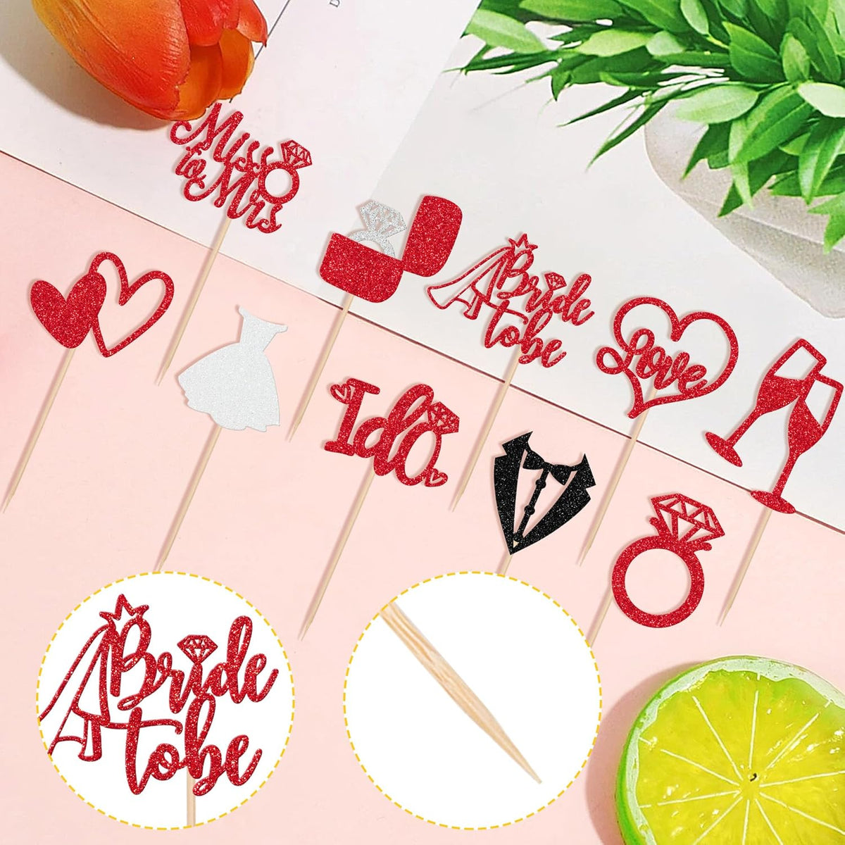 30 PCS Bride to Be Cupcake Toppers Glitter Miss to Mrs I Do Love Heart Ring Cupcake Picks Wedding
