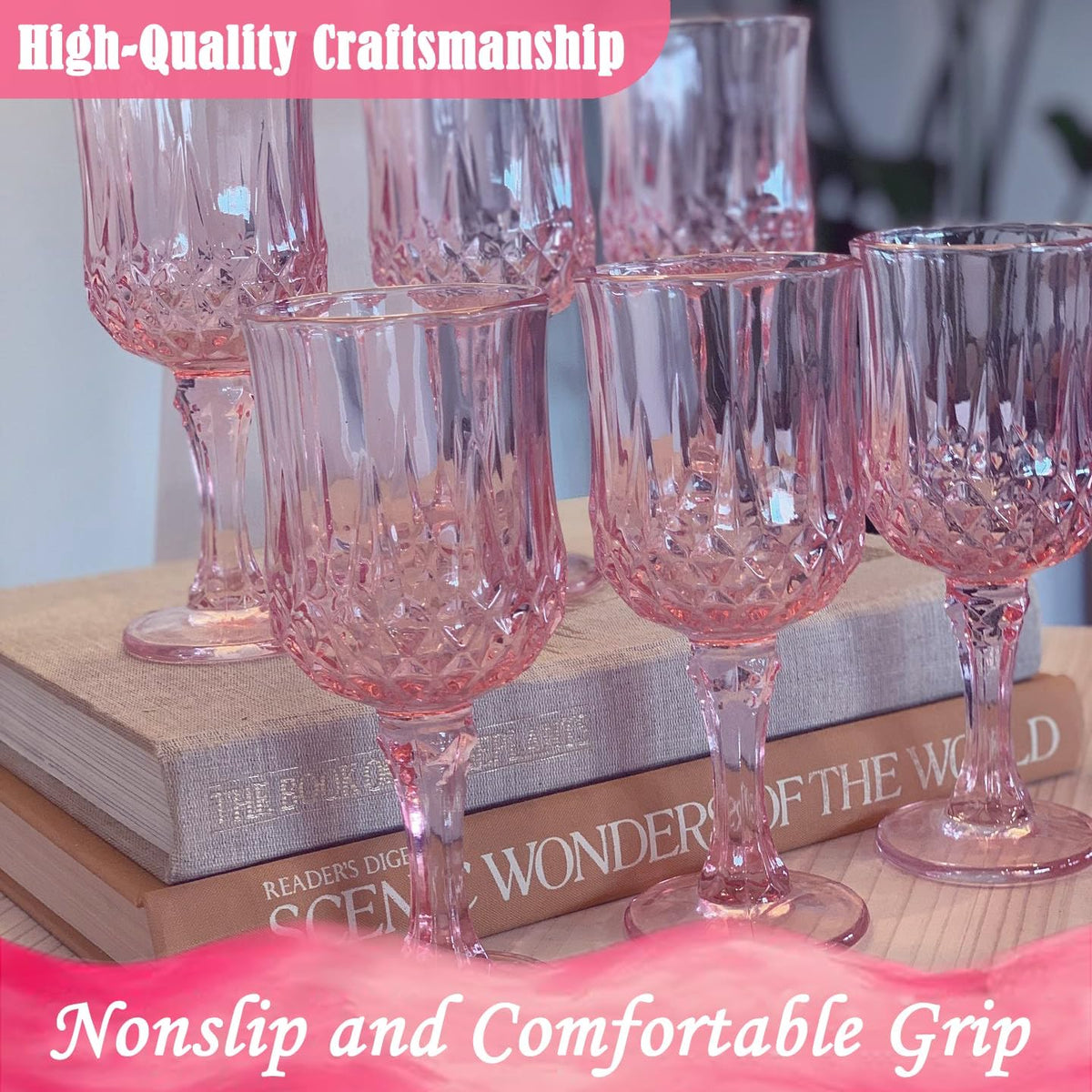 Plastic Wine Glasses，Plastic Goblets Vintage Style Cordial Drinking Glasses for Wedding Reception