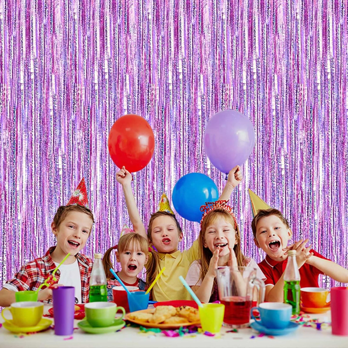 4 Pack Light Purple Tinsel Foil Fringe Curtain Backdrop, 3.28Ft x 8.2Ft Metallic Streamers for