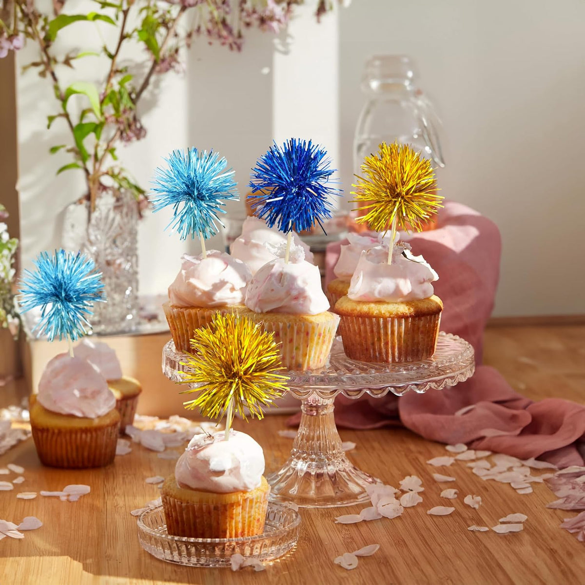 Gyufise 30Pcs Foil Firework Cupcake Toppers Sparkle Tinsel Cake Toppers Tinsel Drink Cake
