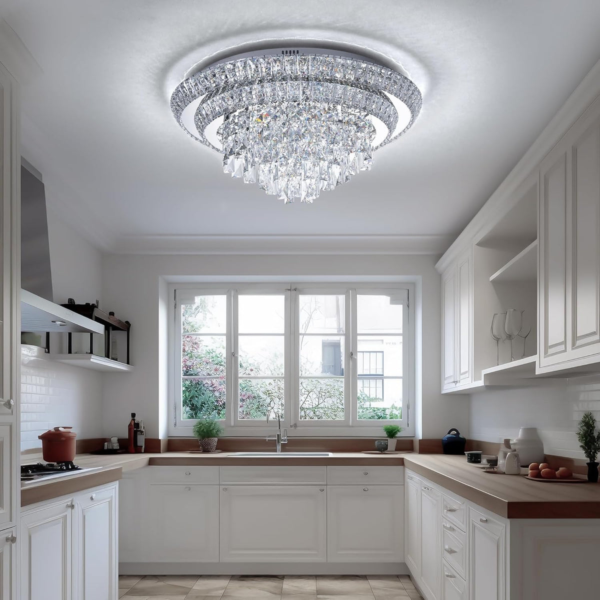 24 inch Crystal Silver Ceiling-Light Flush Mount with Remote Control and APP, 3CCT Dimmable &