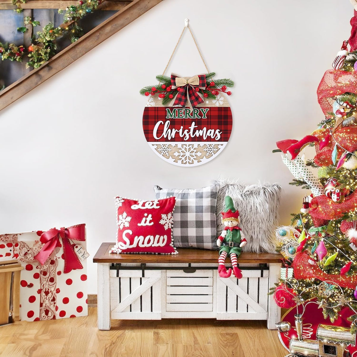 CHDITB 3D Merry Christmas Front Door Sign Wreath(11.4”), Red Black Bufflao Plaid Christmas
