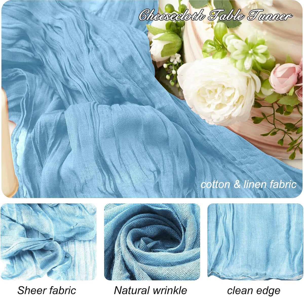 8 Pack 10Ft Table Runner 35x120 inch Baby Blue Boho Gauze Table Cheese Cloth Long Wrinkled Sheer