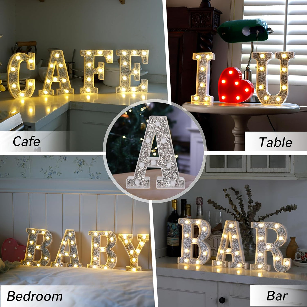 Marquee Light Up Letters, Glitter Silver LED Letter Lights Battery Powered Alphabet Letter Sign for