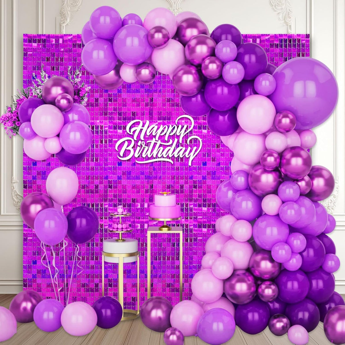 12PCS Purple Shimmer Wall Backdrop, Laser Square Sequin Photo Backdrops Panel, Glitter Wall