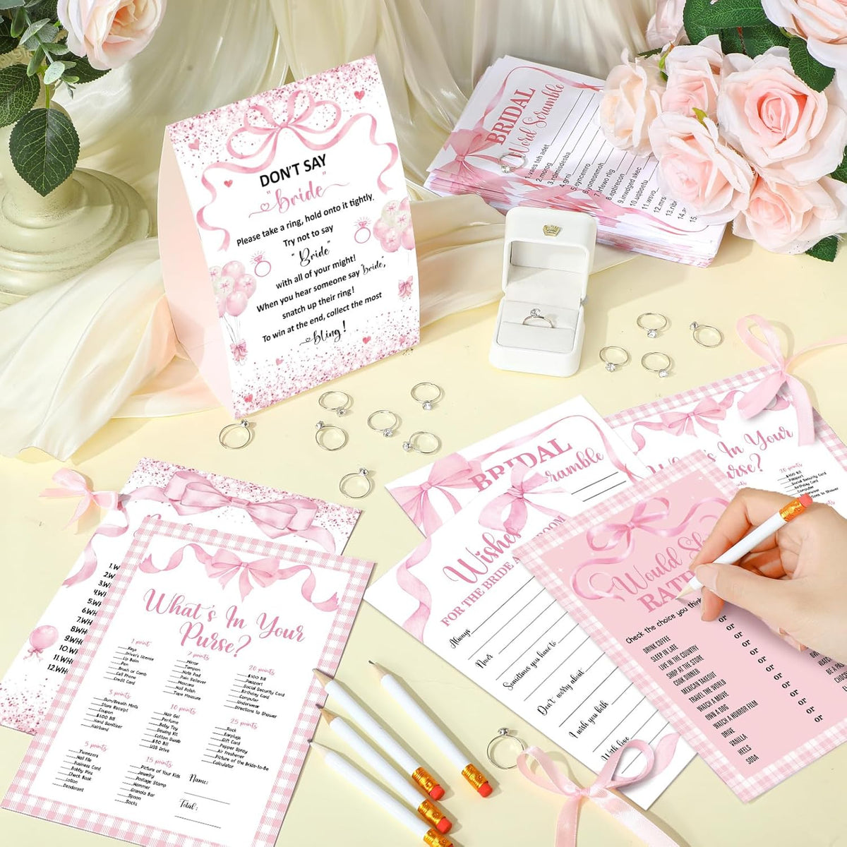 Estune 331 Pcs Bridal Shower Games Supplies, 5 Sets 250 Pcs Wedding Cards 1 Put a Ring on It Bridal