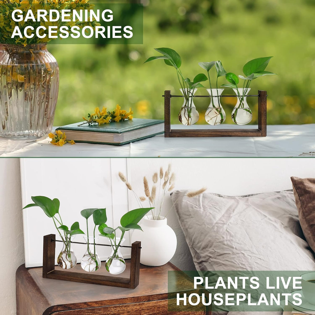 YIBOT Wall Hanging Planter Propagation Station, Plant Terrarium with Wooden Stand, Hydroponics