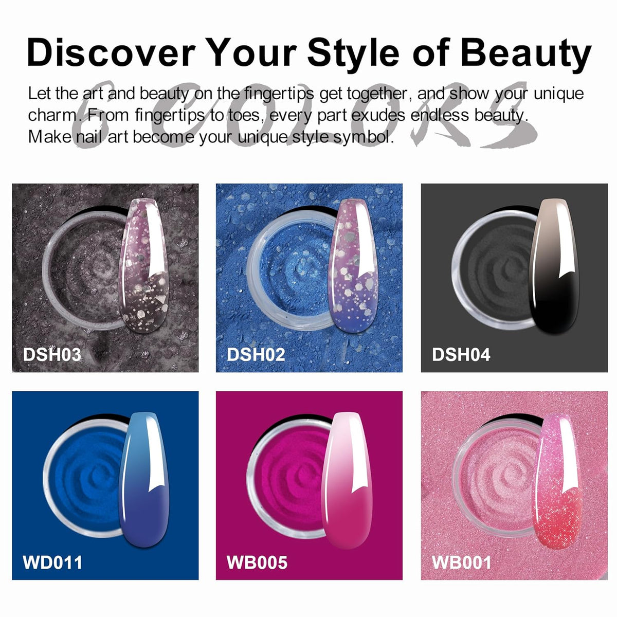 Color Changing Dip Powder Nail Kit Starter, 6 Colors Dipping Powder Kit With Base & Top