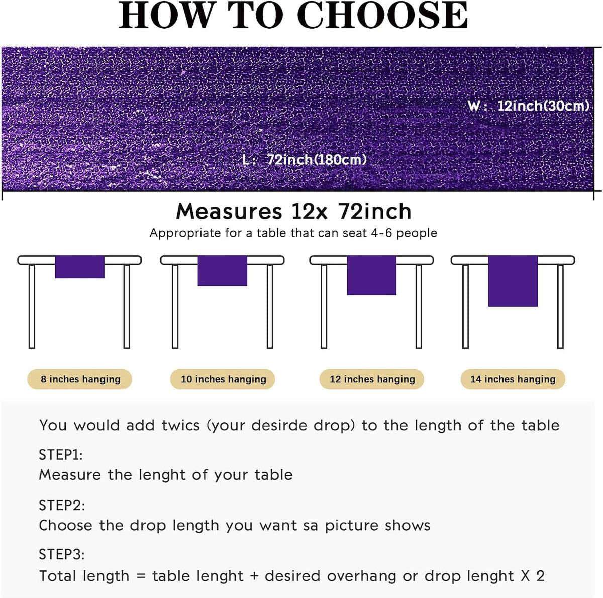 2 Packs 12 x 72 inches Sequin Table Runner, Purple Glitter Table Runner for Birthday Party Supplies