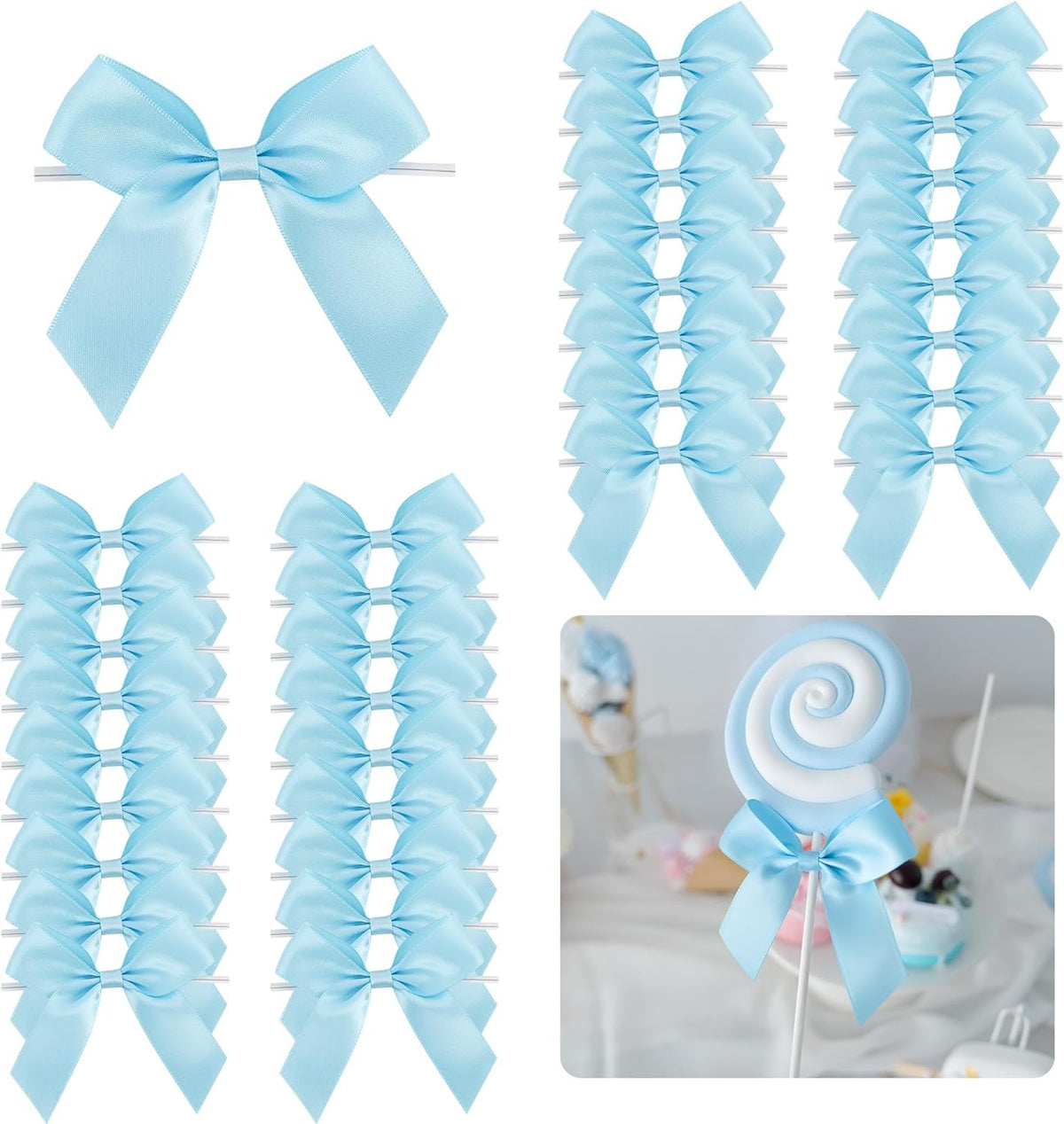 3.5" Blue Bow Satin Pre-Tied Bows for Gift Wrapping, Small Bows for Crafts, Premade Bows, Candy
