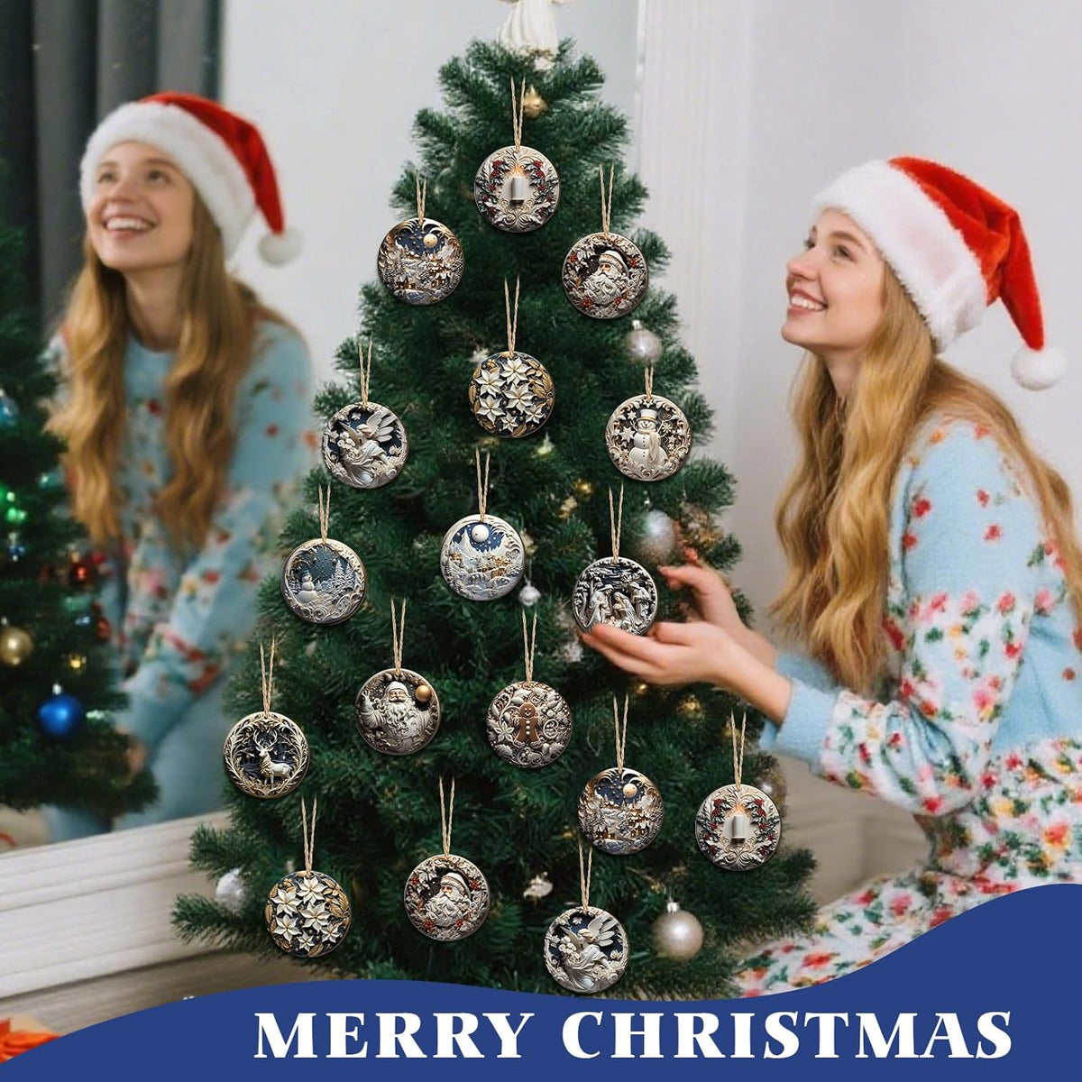 Suzile 36 Pcs Christmas Wooden Ornaments Vintage Christmas Decoration White Sculpture Hanging Decor