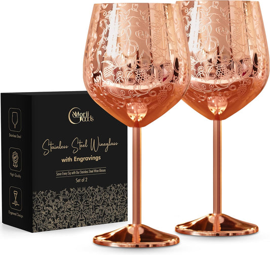 Stainless Steel Wine Glasses – Set of 2 Etched 16 oz Metal Goblets, Unbreakable Rose Gold Cups for