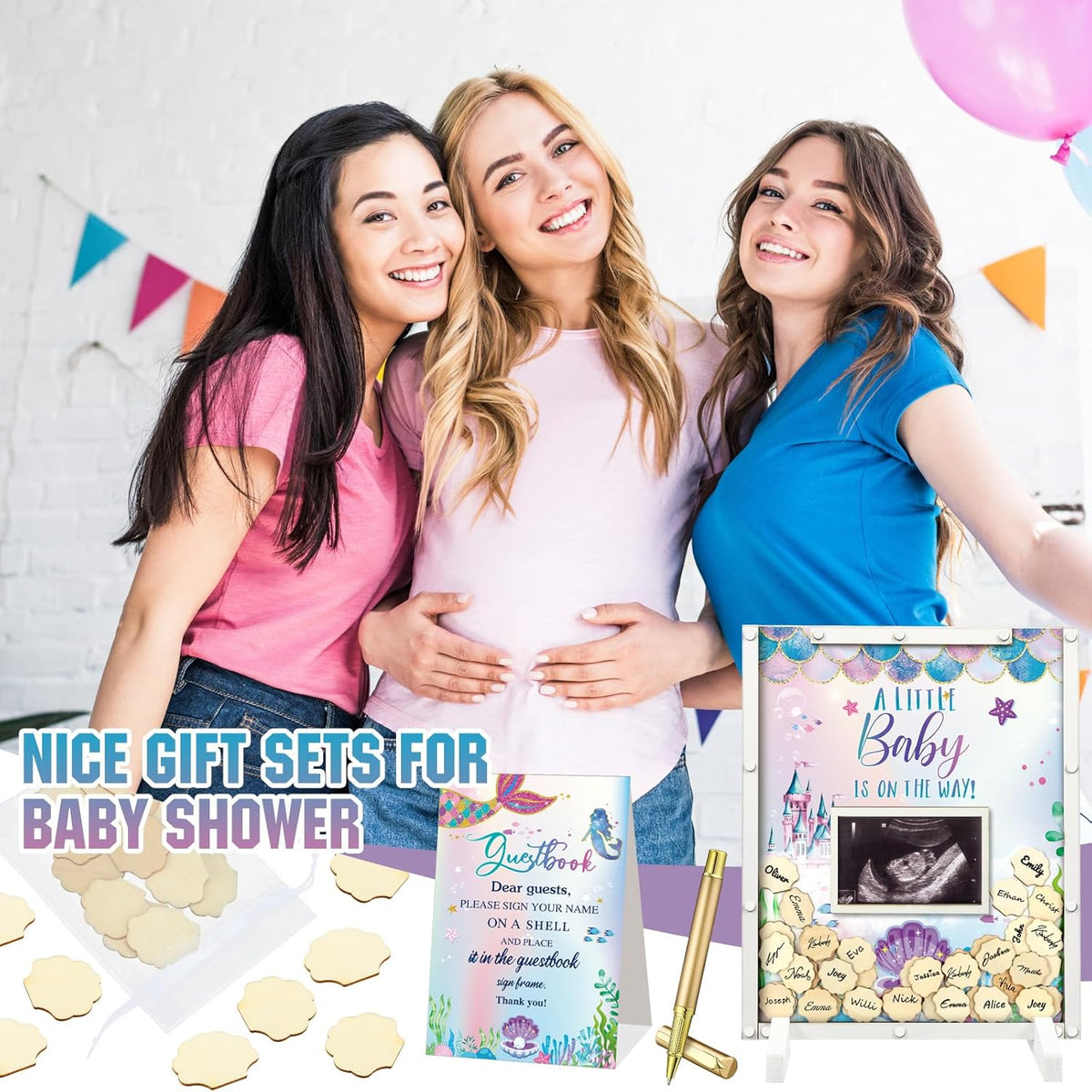 65 Pcs Mermaid Baby Shower Guest Book Alternatives He or She Gender Reveal Baby Shower Decorations