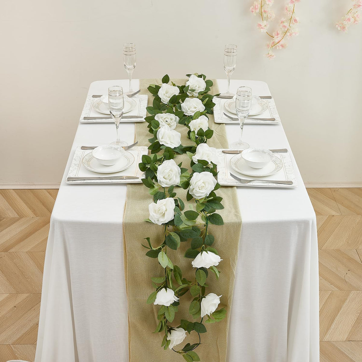 White Artificial Rose Garlands Rose Vines Leaves Banners Hanging Floral Garland Fake Rose Flower