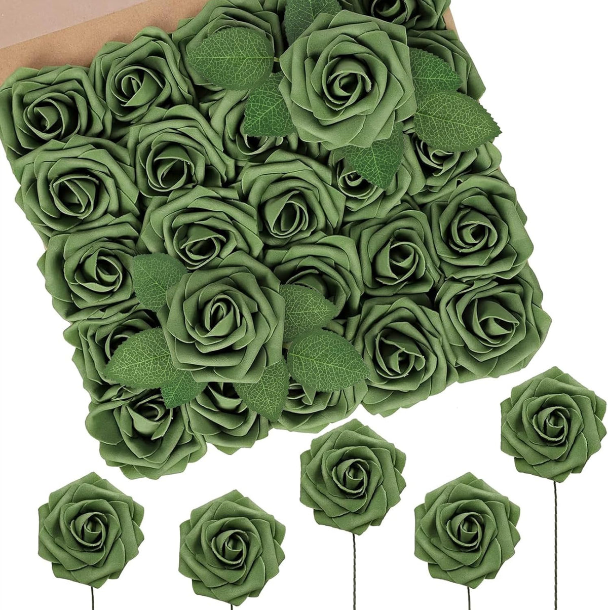 N&T NIETING Artificial Flowers Roses Army Green Foam Rose 50pcs Fake Flowers with Stem for DIY