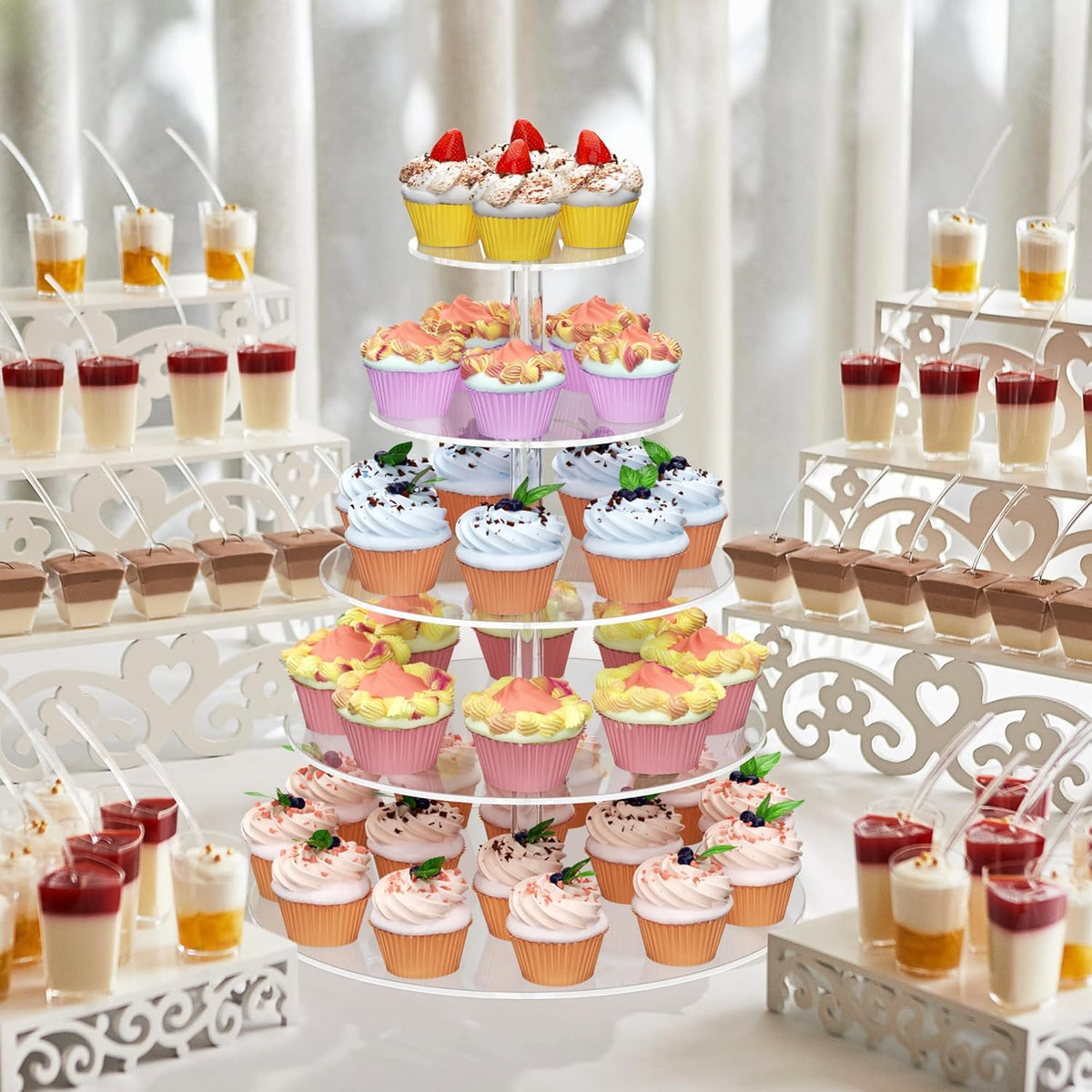 weddingwish 5 Tier Round Cupcake Stand for 50 Cupcakes, Acrylic Cupcake Display Stand, Clear