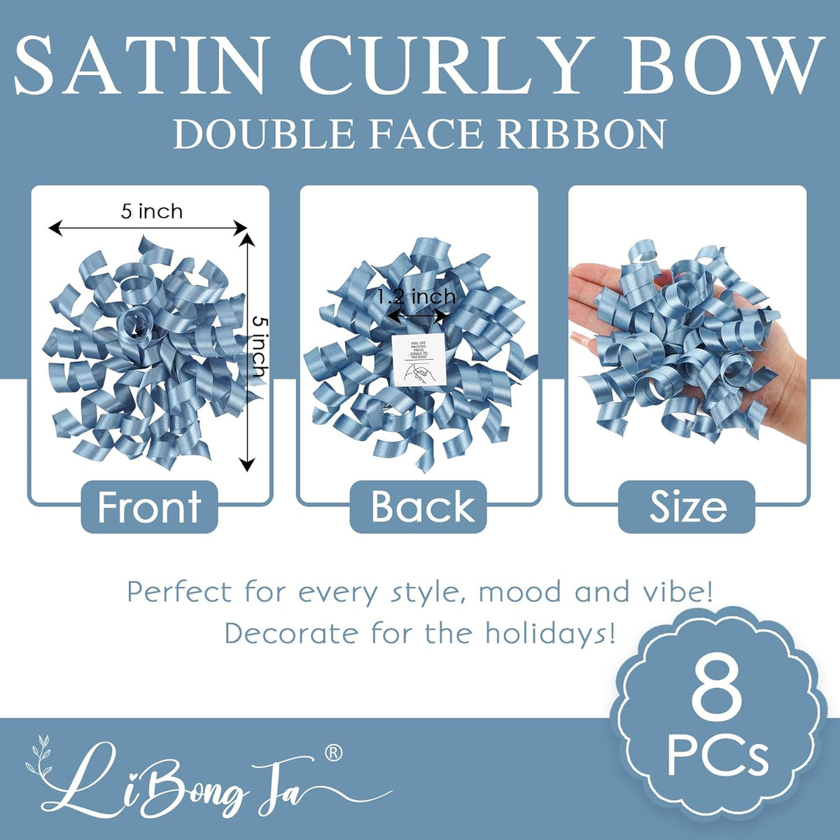 5'' Dusty Blue Bows Curly Ribbon Bows for Gift Wrapping, Satin Bows with Double-Sided Tape, Self