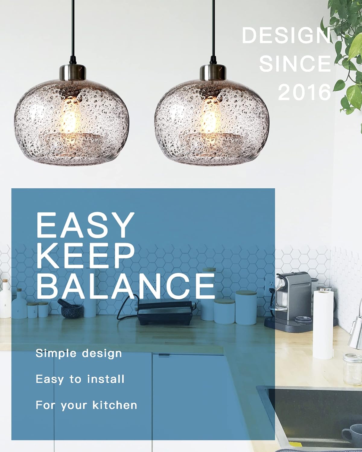 CASAMOTION Pendant Lighting Handblown Glass Drop Ceiling Lights, Modern Rustic Hanging Light Clear