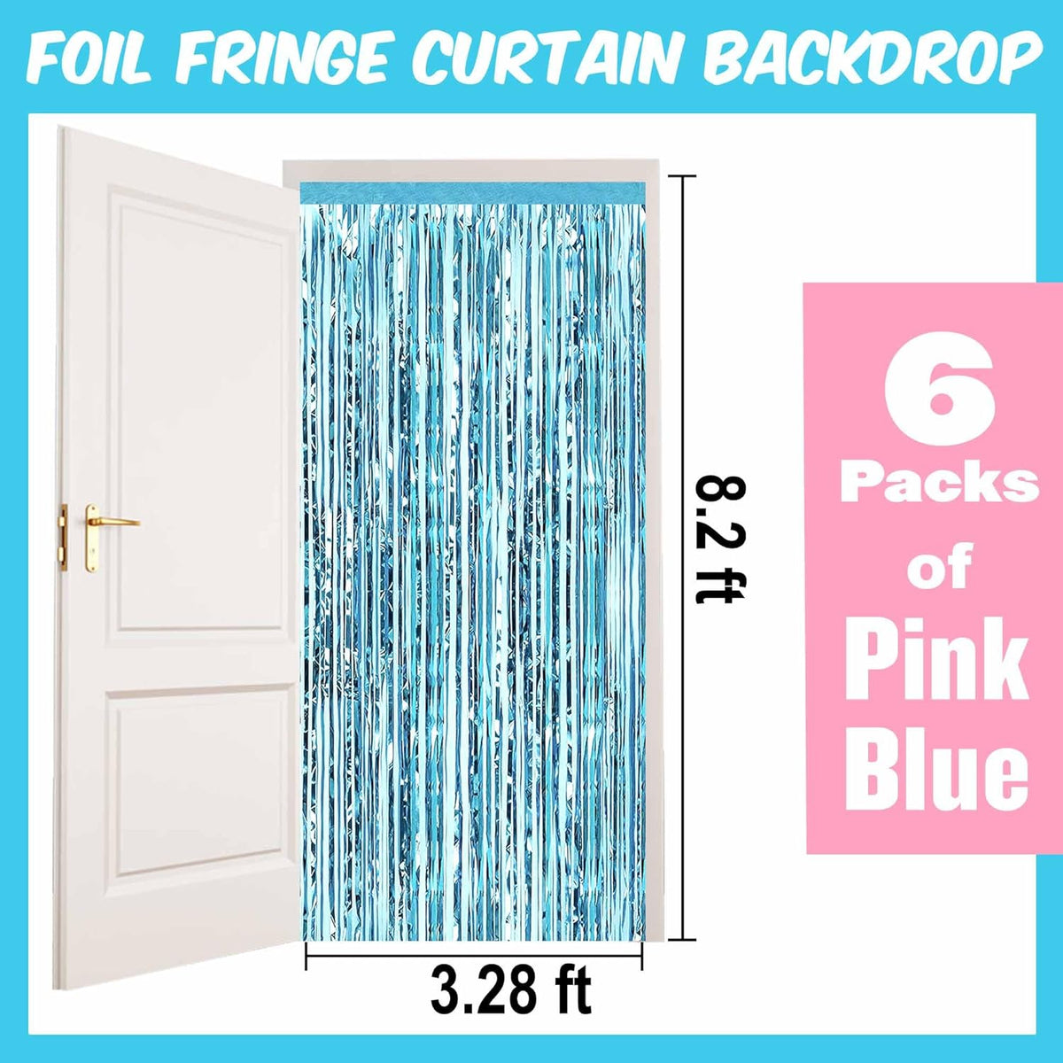6 Pack Pink Blue Foil Fringe Curtains Backdrop, 3.28 x 8.2 Ft Metallic Streamers Tinsel Curtains