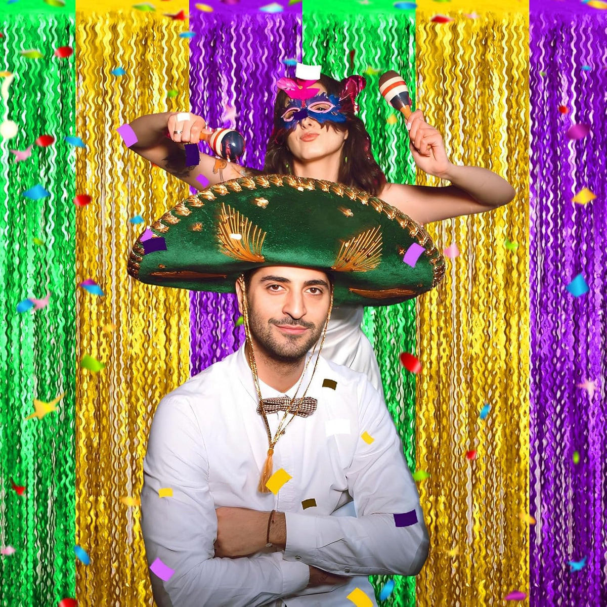 4 Pack Gold Green Purple Wave Foil Fringe Curtain Backdrop, 3.28Ft x 8.2Ft Metallic Tinsel Foil