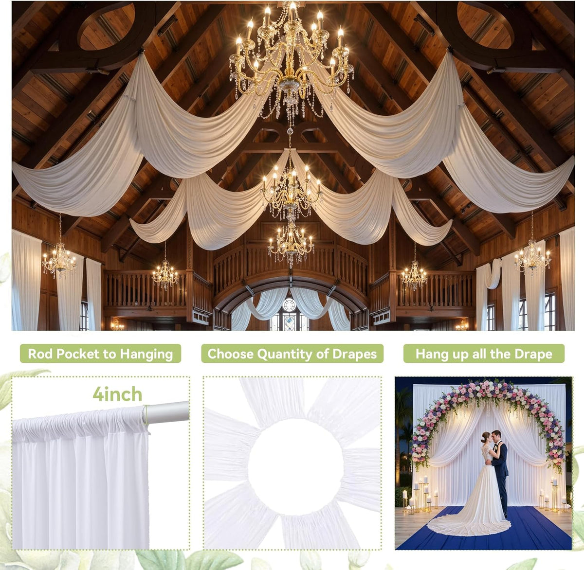PartyVillage 60ft×15ft White Backdrop Curtain for Wedding Parties, 12 Panels Wrinkle Free 15 FT