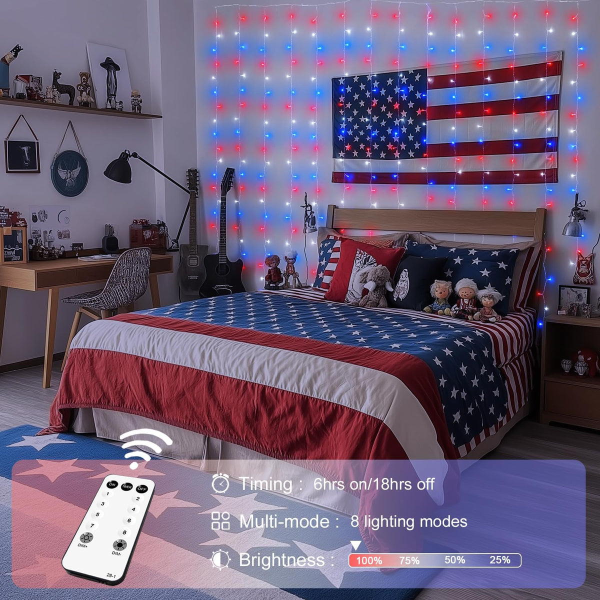 JMEXSUSS 300LED Red White and Blue Lights with Remote, 4th of July Lights Plug in, Patriots Curtain