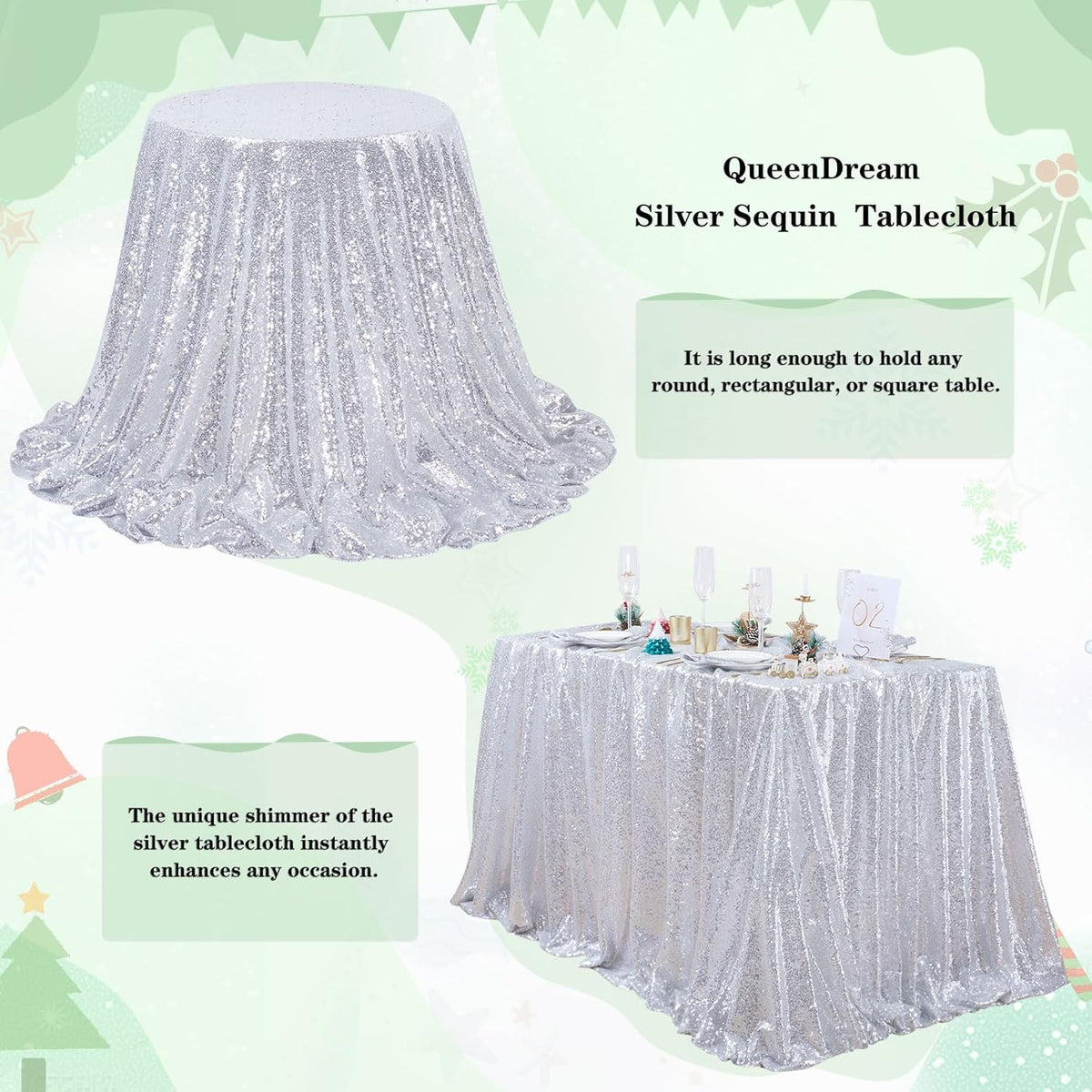 QueenDream Sequin Tablecloth 60x102 Inch Silver Tablecloth Christmas Glitter Tablecloth 6ft for