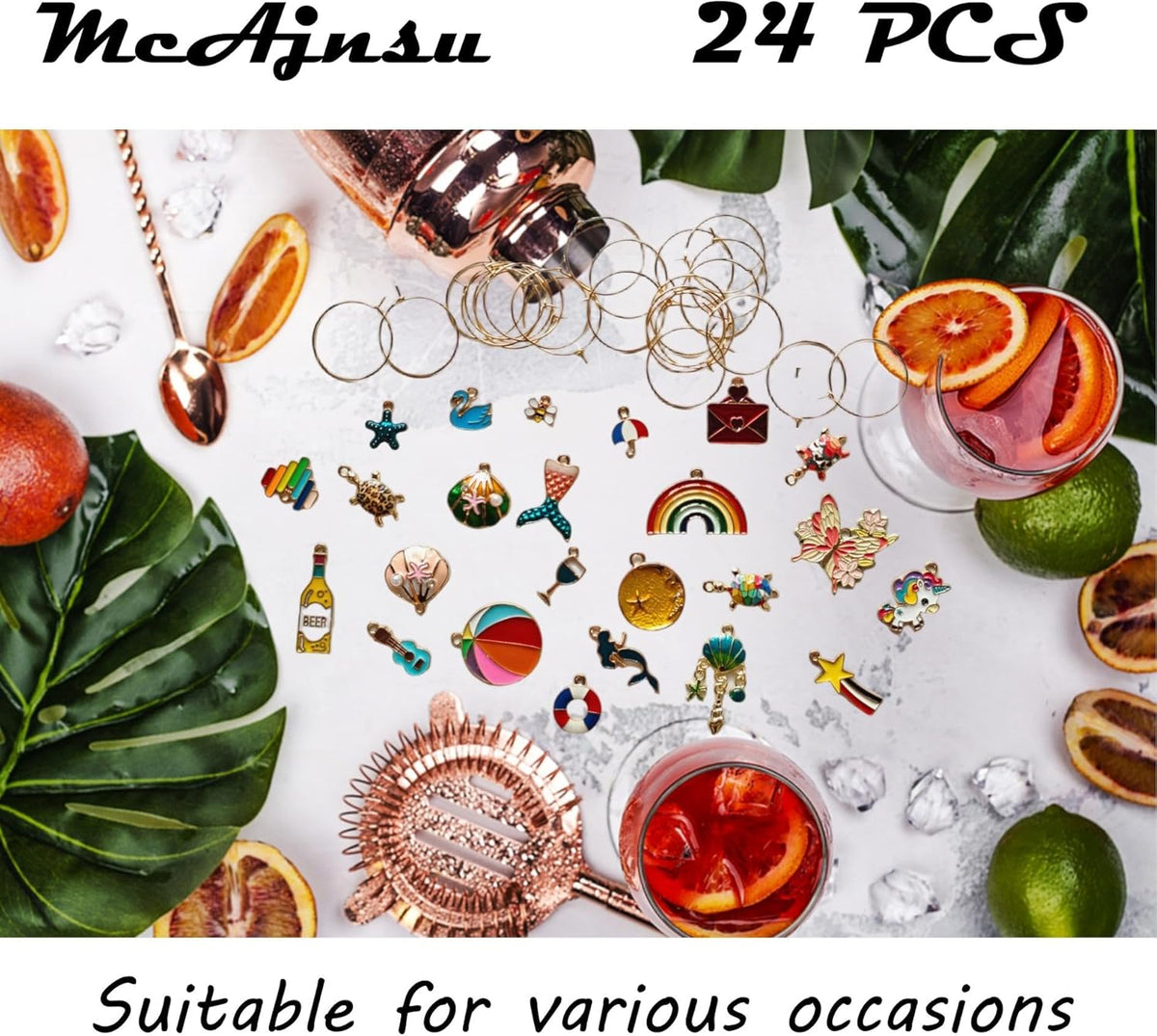 24Pcs Wine Glass Charms & Markers - Reusable Identifier Tags for Stem Glasses - Funny Non-Scratch