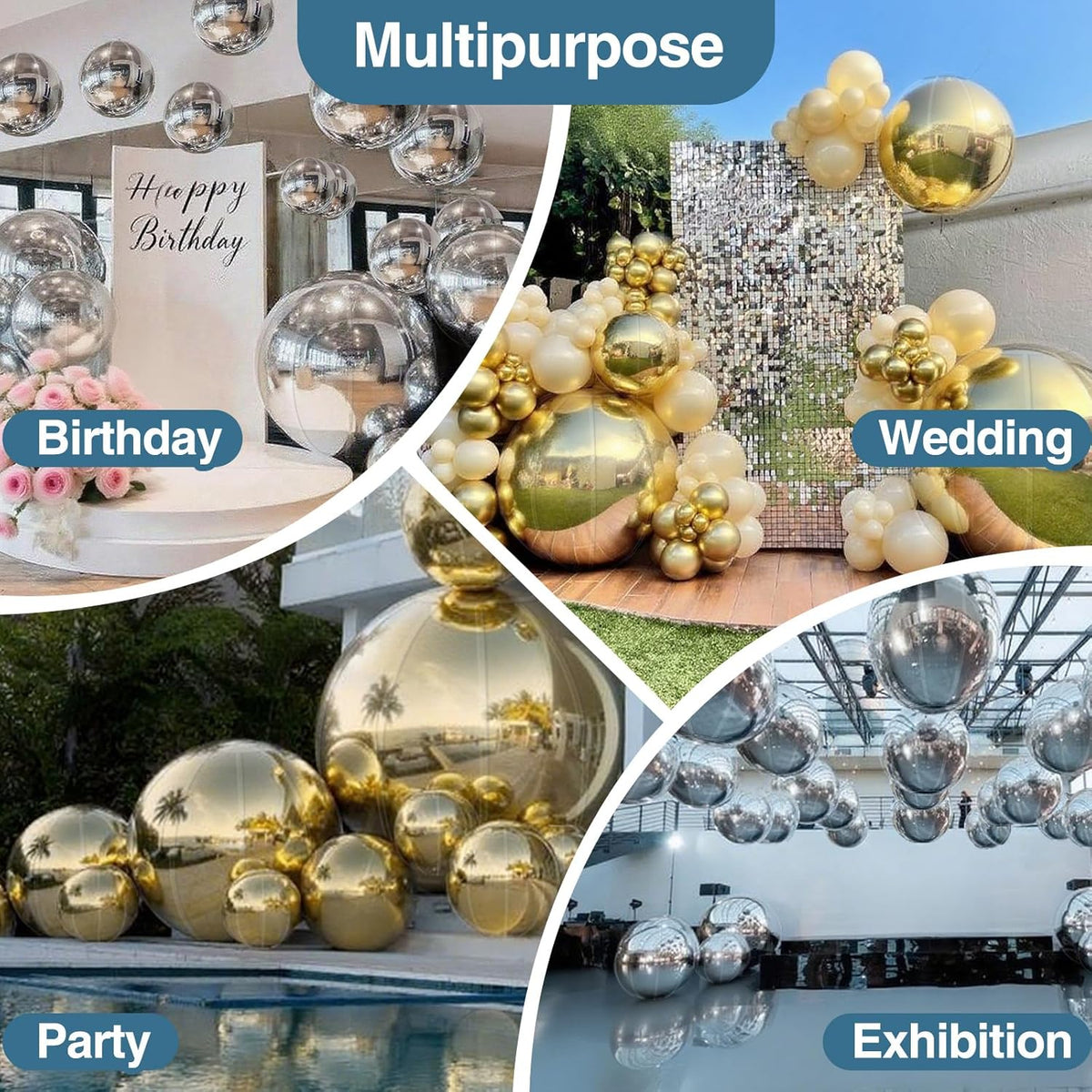 3PCS Glod Inflatable Mirror Ball, Big Shinny Balls Reusable Large PVC Disco Ball Balloon for Large