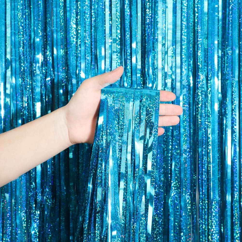 Melsan 2 Pack 3.2 ft x 8.2 ft Teal Tinsel Foil Fringe Curtains Backdrop, Sparkle Metallic Foil
