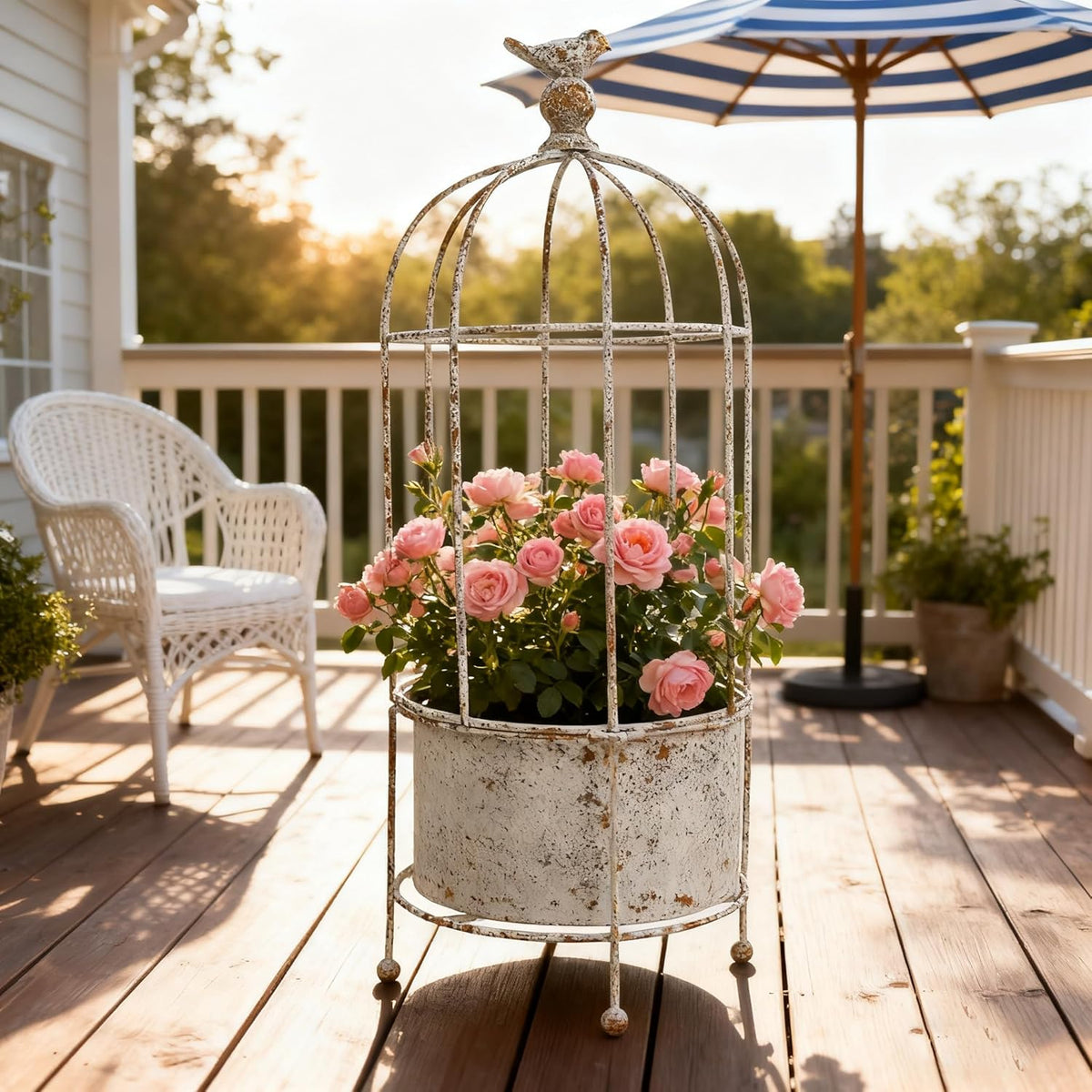 Vintage Rustic Birdcage Planter Stand, Farmhouse Distressed Decorative Metal Round Plants Holder
