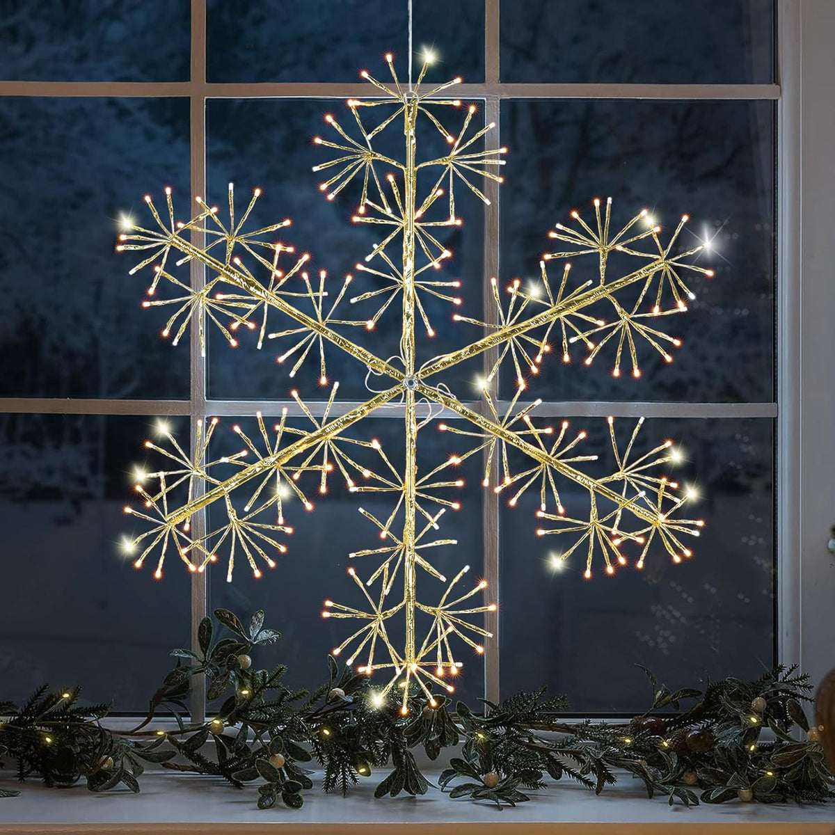 30’’ Christmas Snowflake Lights Outdoor, Pre-lit 240Pcs Warm White LEDs Hanging Golden Snowflake