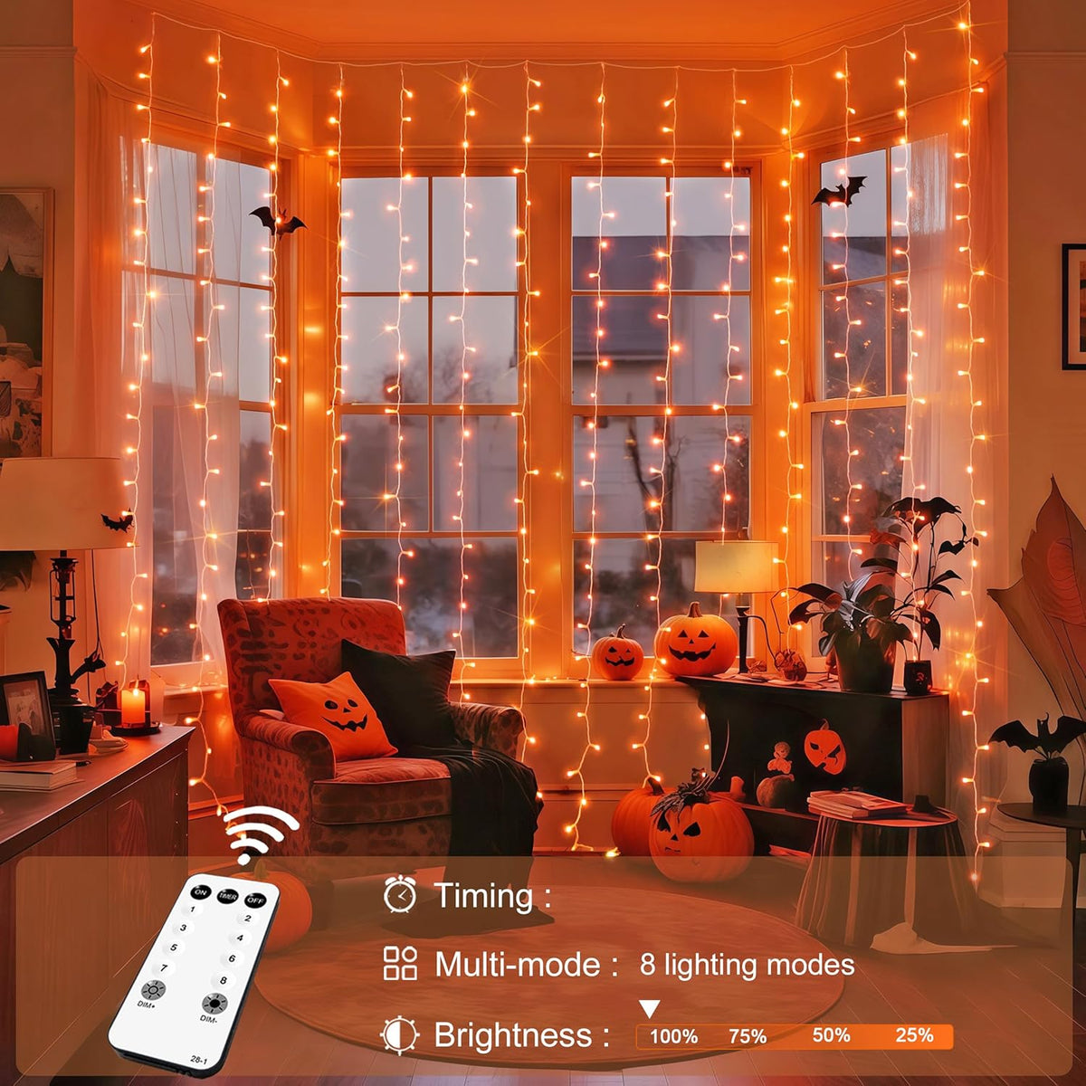 JMEXSUSS 300LED Orange Halloween Lights with Remote, 9.8x9.8ft Halloween Curtain Light, 8 Modes