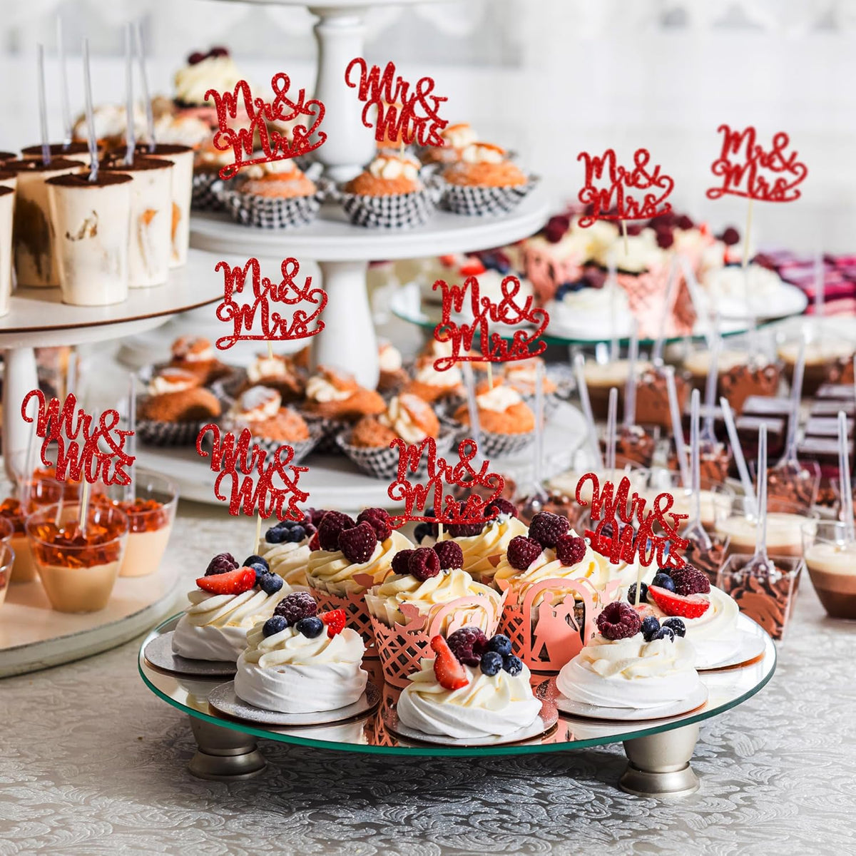 Gyufise 36Pcs Mr & Mrs Cupcake Toppers Glitter Bridal Shower Cupcake Picks for Wedding Engagement