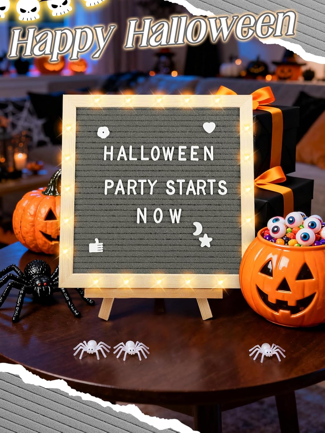 Light up Changeable Felt Letter Board Sign with LED Lights - 10×10" Message Board & Wood Stand &
