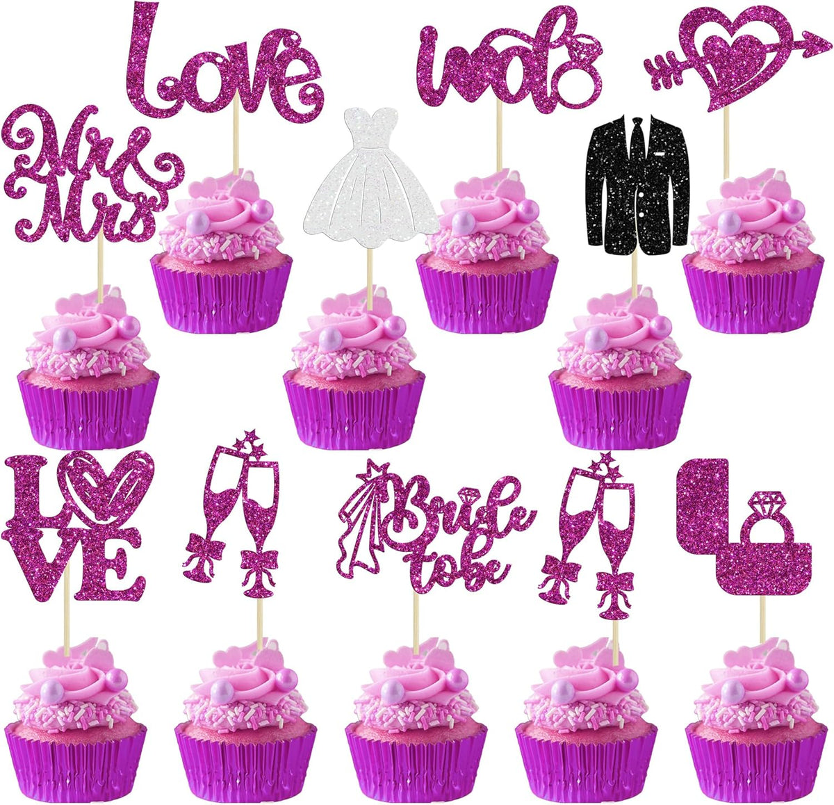 Ephlyn 30Pcs Bride to be Cupcake Toppers Glitter Wedding Cake Topper Decorations I Do Love Heart