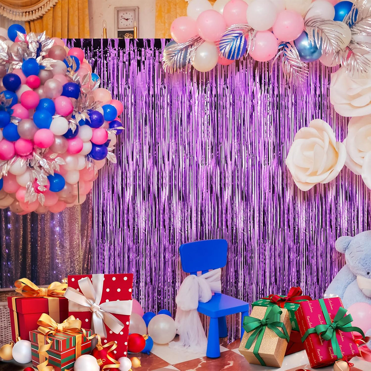 Crosize 3 Pack 3.3 x 9.9 ft Hot Pink Foil Fringe Backdrop Curtains, Streamer Backdrop Curtains