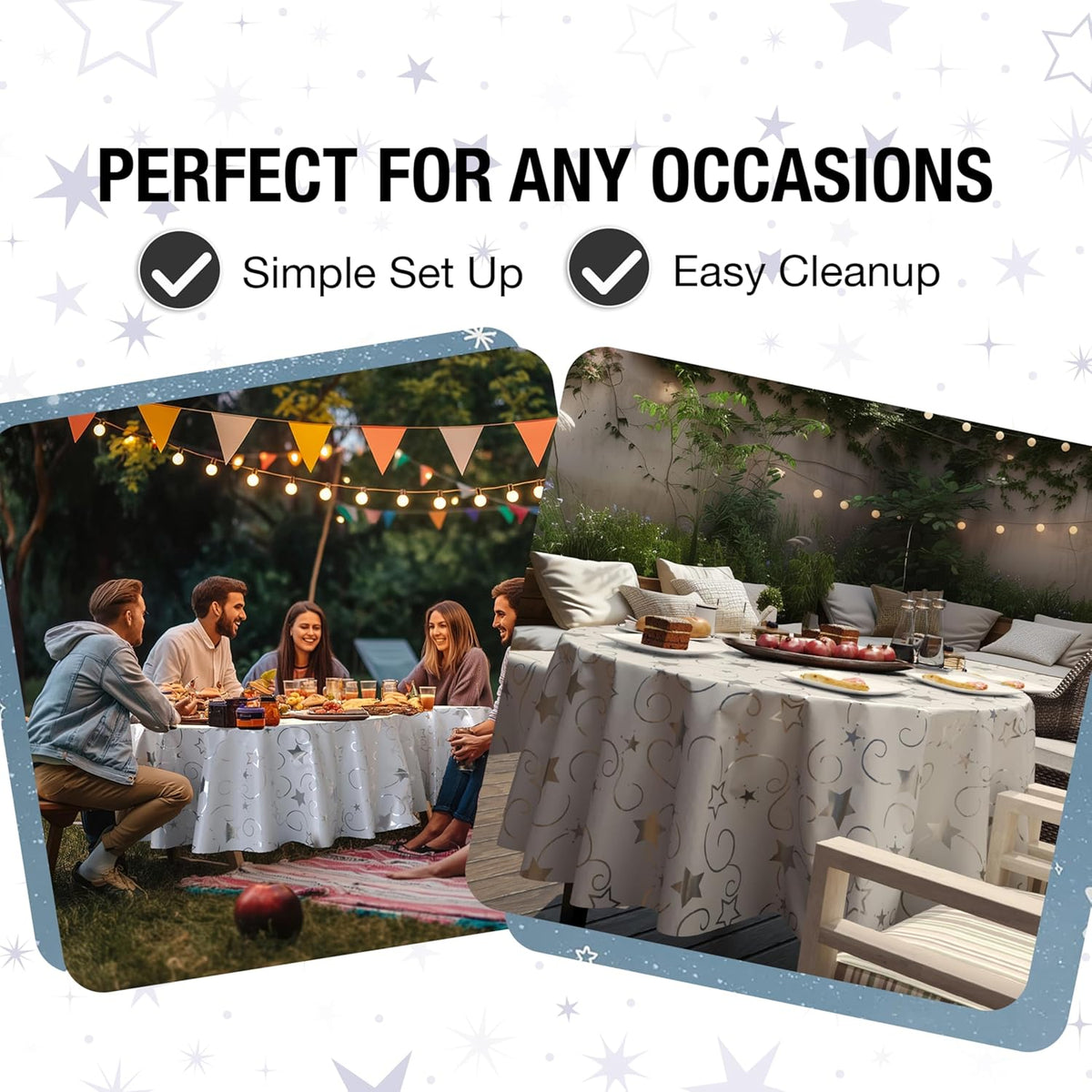 Exquisite Silver Star Tablecloth Plastic 12-Pack Disposable Round Tablecloths 84" Silver Star Table