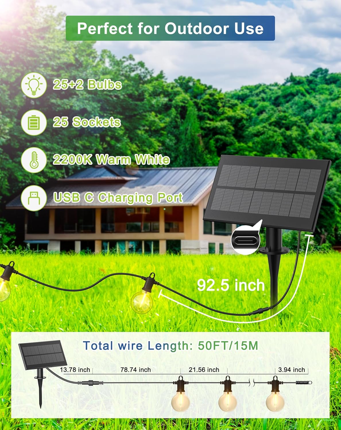 Solar String Lights Outdoor Waterproof 50FT with USB Port and 27 Shatterproof G40 Bulbs(2 Spare)