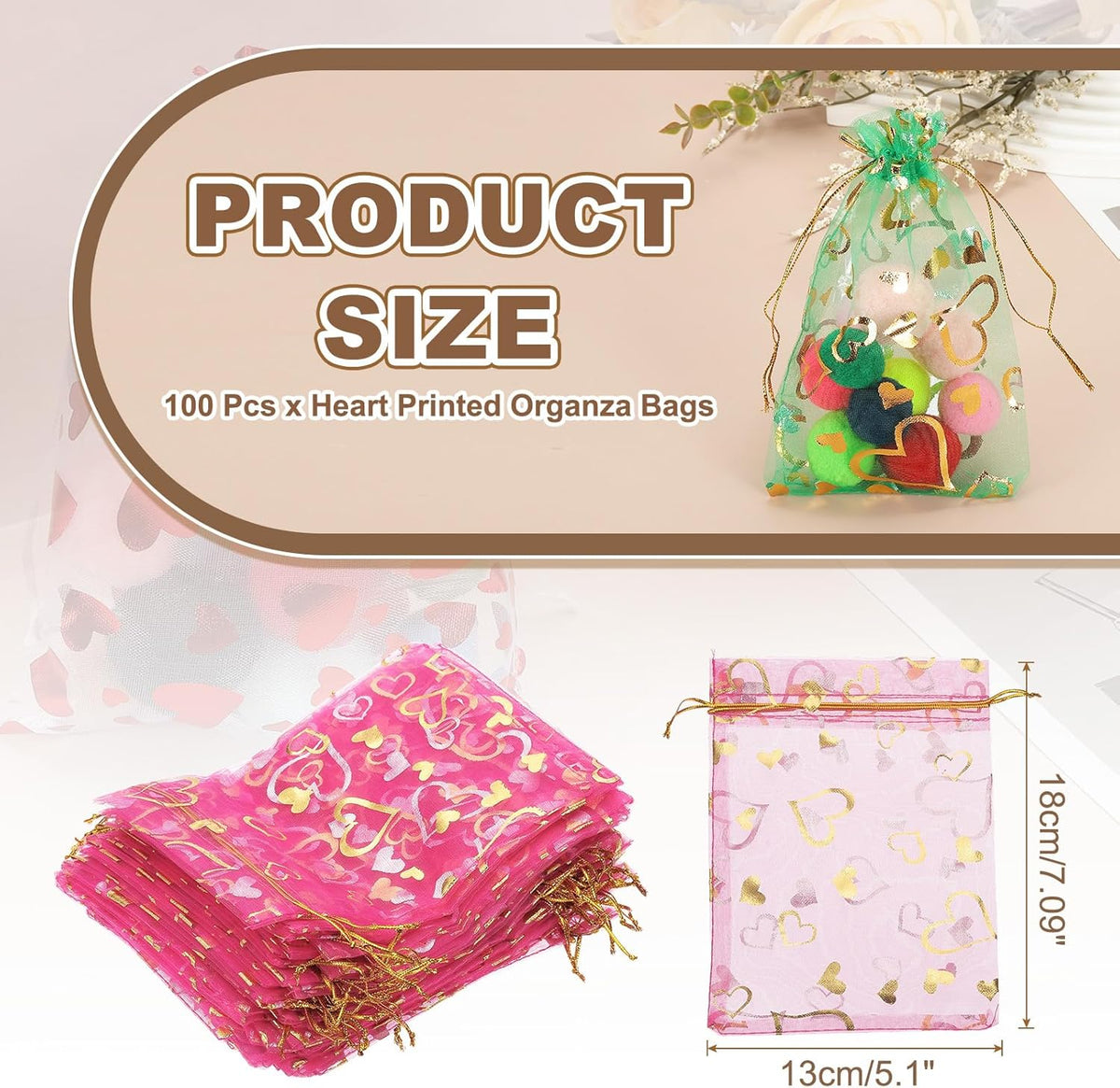 PATIKIL 100 Pcs 5x7 Inch Heart Printed Organza Bags, Rose Red Sheer Heart Organza Bags with