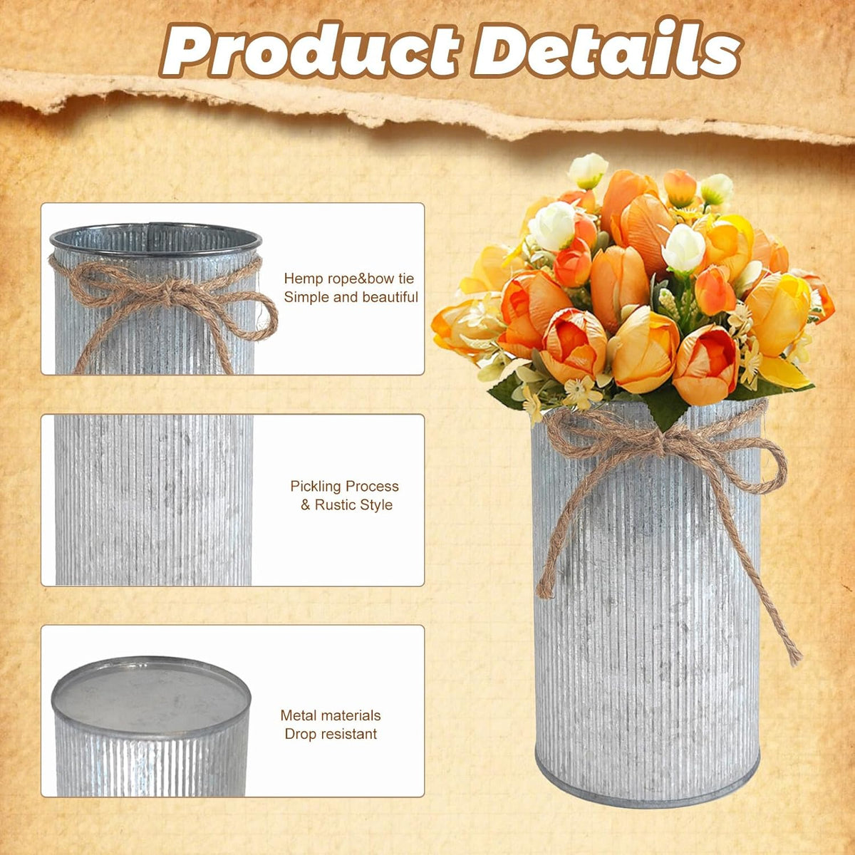 6" High Vase Centerpiece for Table, Rustic Farmhouse Mason Jars with Twine Bow, Vintage Galvanized