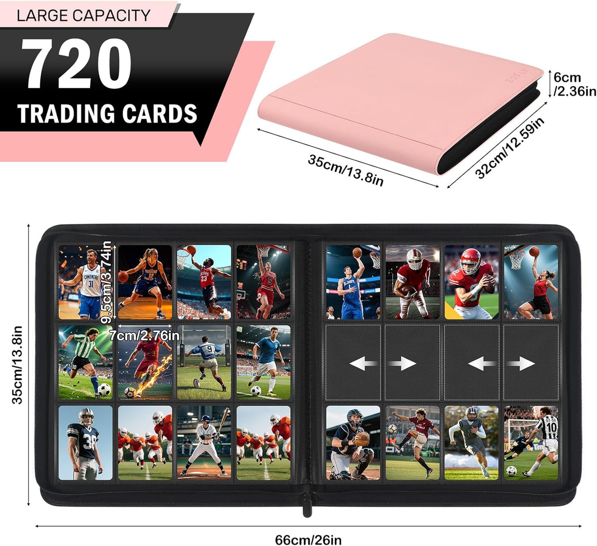 12 Pocket Card Binder, Zipper Trading Card Binder, 720 Large Capacity Side Loading Non-Ring Card