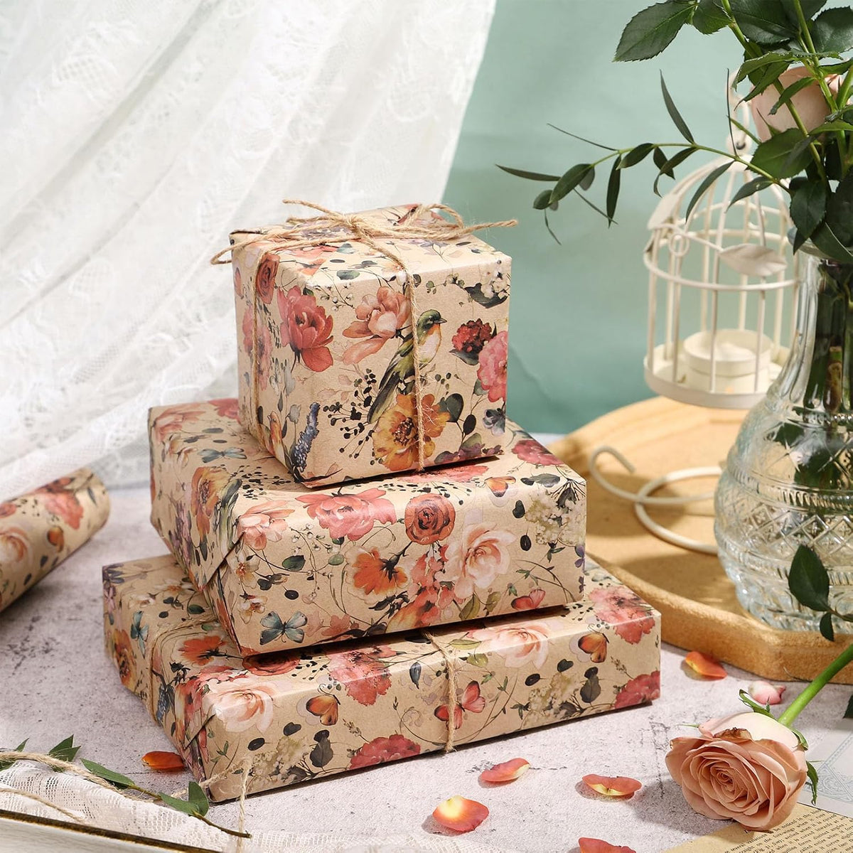 RUSPEPA Blooming Flower Wrapping Paper with Bird and Butterfly Design, 17 in x 32.8 ft Each Roll