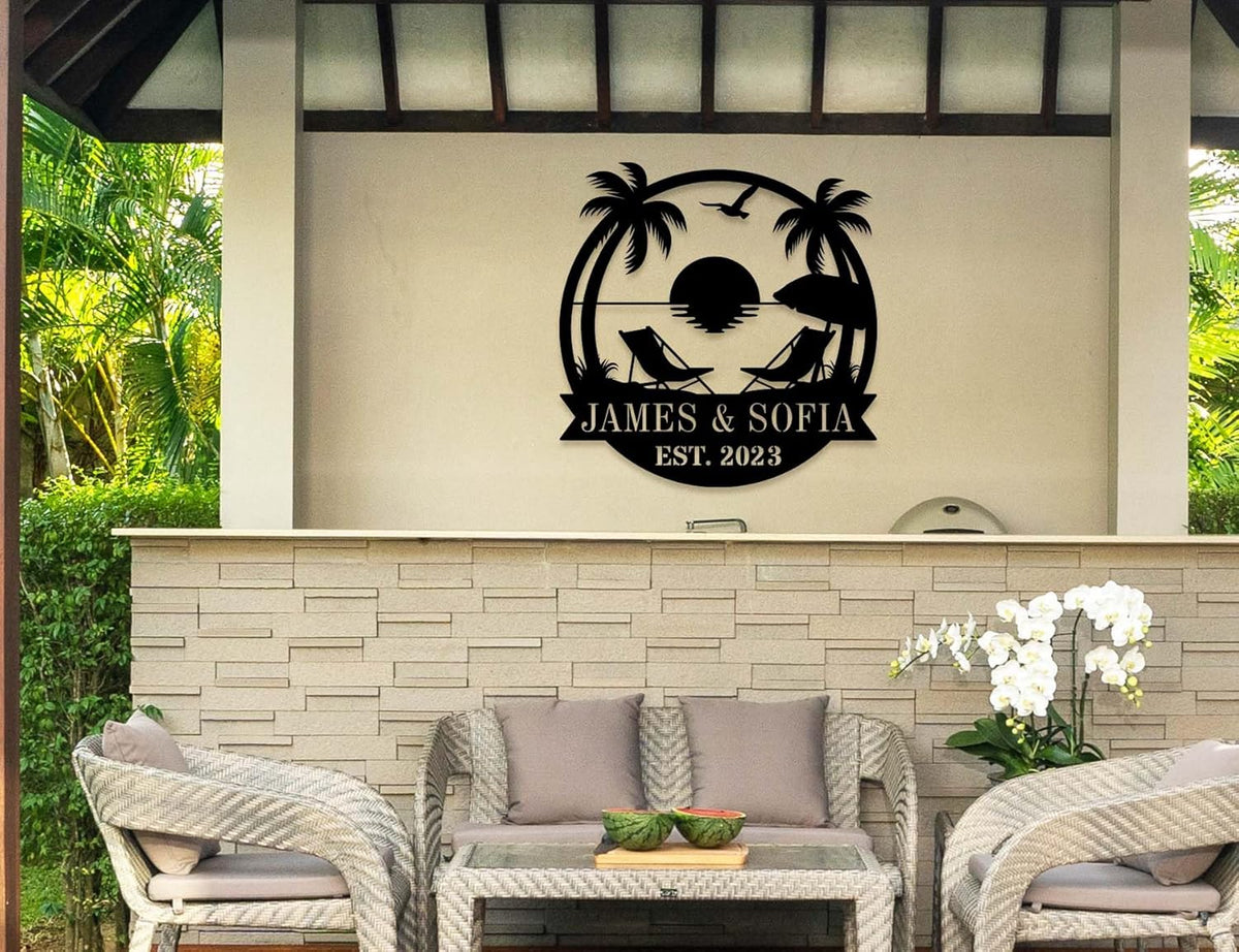 Personalized Beach Metal Monogram Sign, Custom Palm Trees Sign, Outdoor Metal Family Name Sign