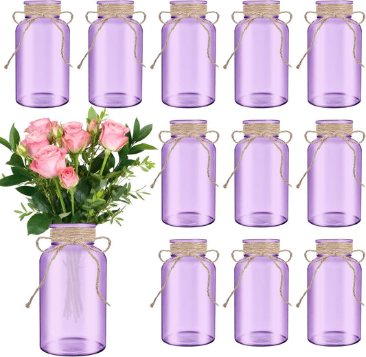 Vintage Glass Flower Vase，12 Pack Farmhouse Purple Glass Centerpiece Vases Mason Jars for Weddings