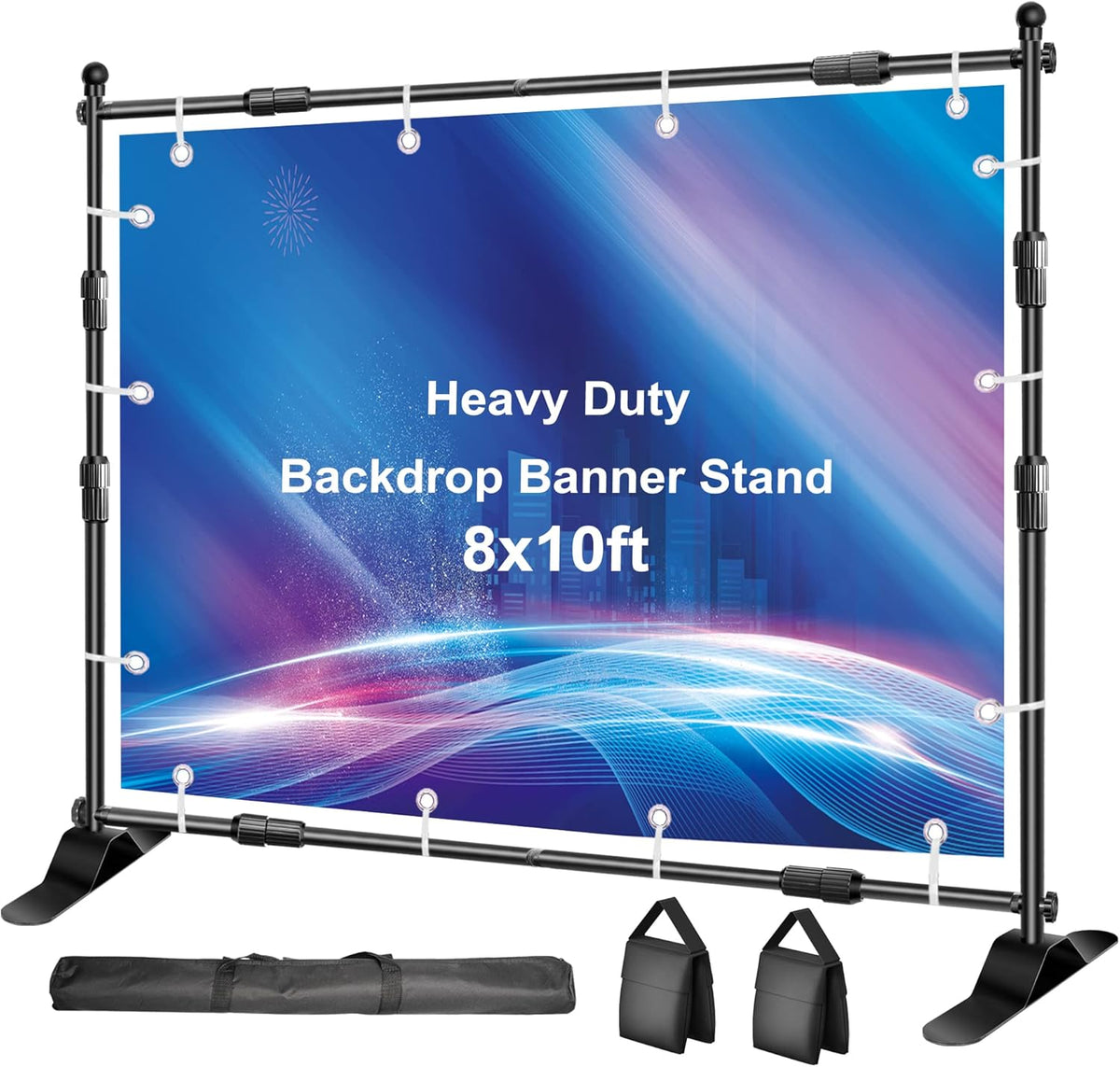 FUDESY Backdrop Banner Stand, 10x8ft Heavy Duty Display Frame, Adjustable Metal Telescopic Tube