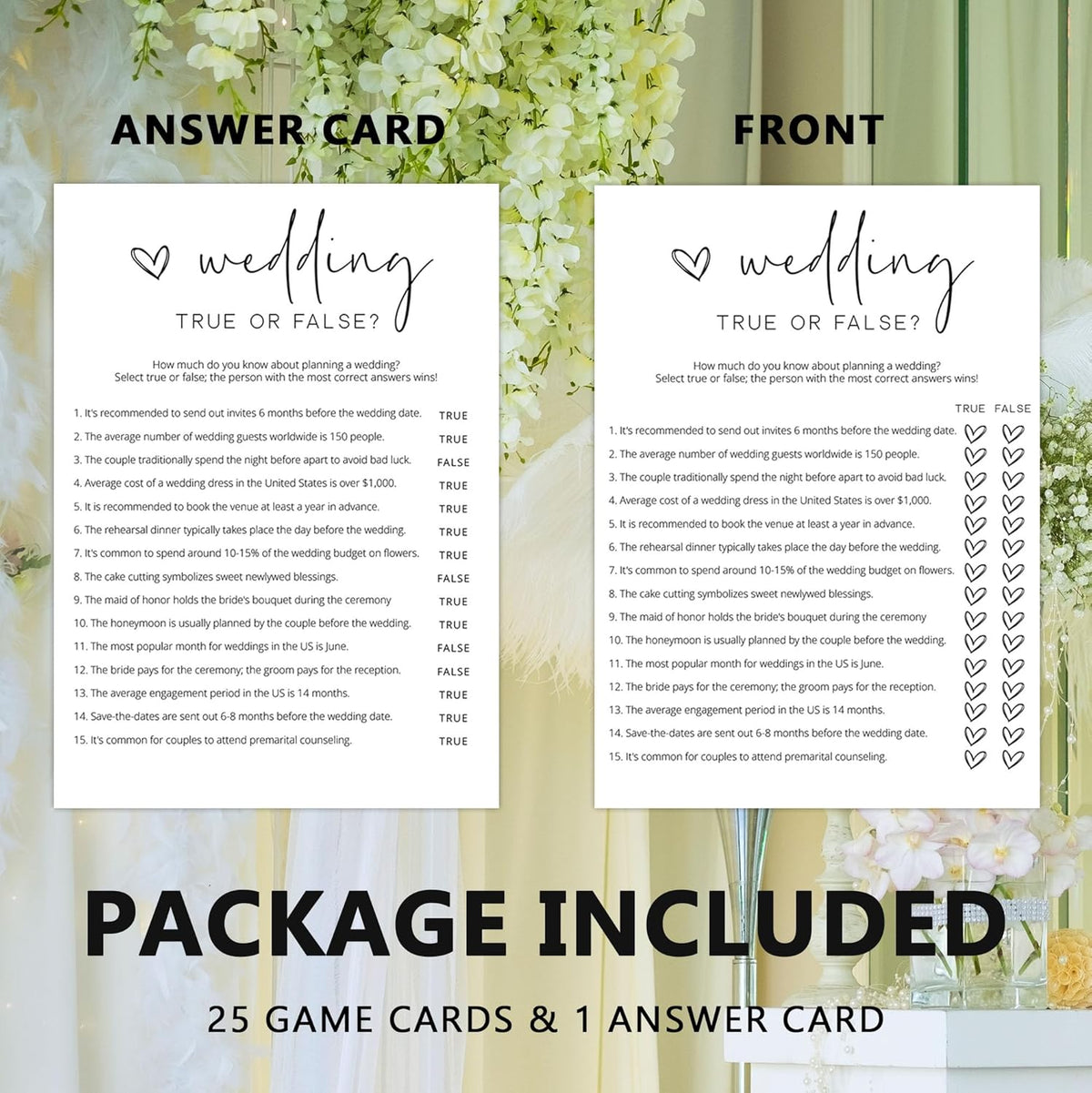 Bridal Shower Games, True or False, 25Pcs Minimalist White Double-Sided Bridal Game Cards with 1