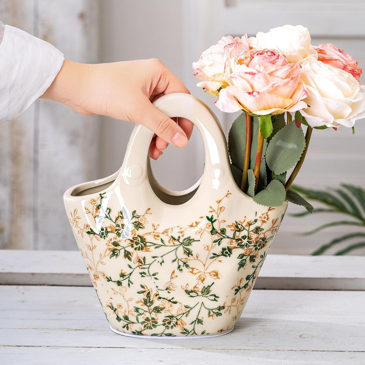 Ceramic Purse Vase for Flowers, Cute Handbag Vases, Vintage Green and Beige Floral Vase, Rustic